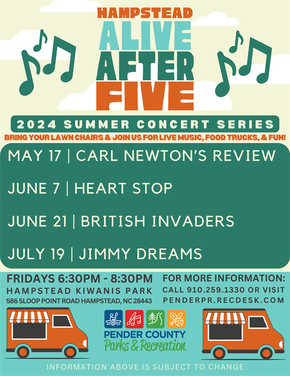 Hampstead Alive After Five Concert Series 2024 | Kiwanis Park | Hampstead NC | Pender County Park & Recreation | Pender County NC