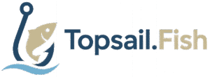 Topsail.Fish logo with a fish on a hook