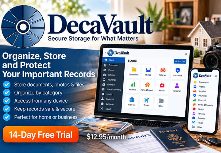 DecaVault personal record keeping software for mileage, rental property, medications, loans and household records