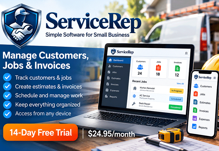 ServiceRep small business customer, job and invoice management software
